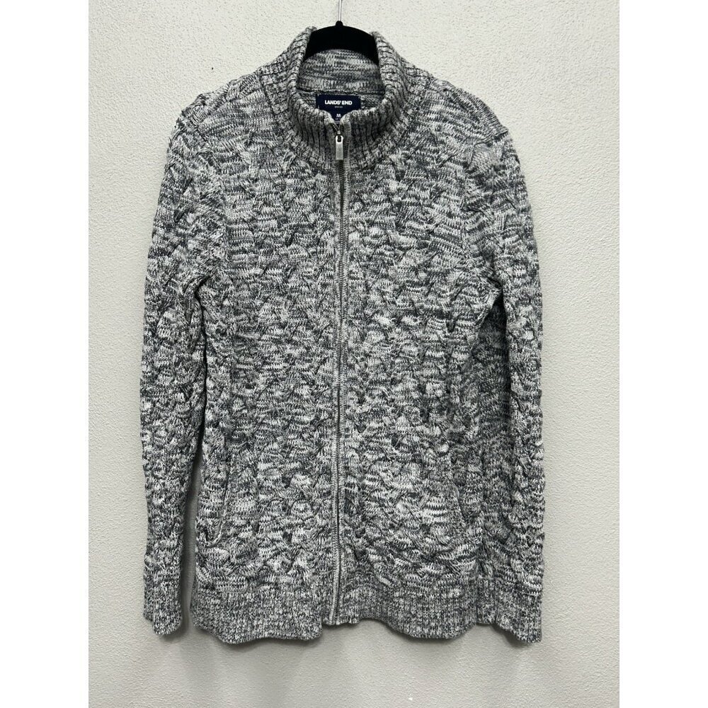 Lands End Drifter Sweater Jacket Womens Large 10-12 Grey Cable Knit Full Zip